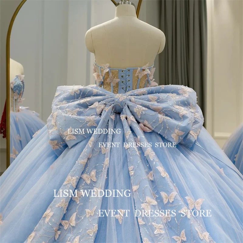 LISM Light Blue Butterfly Quinceanera Dresses With Cape Lace Applique Mexican Prom Birthday Sweet 16 Dress Vestidos De XV Anos