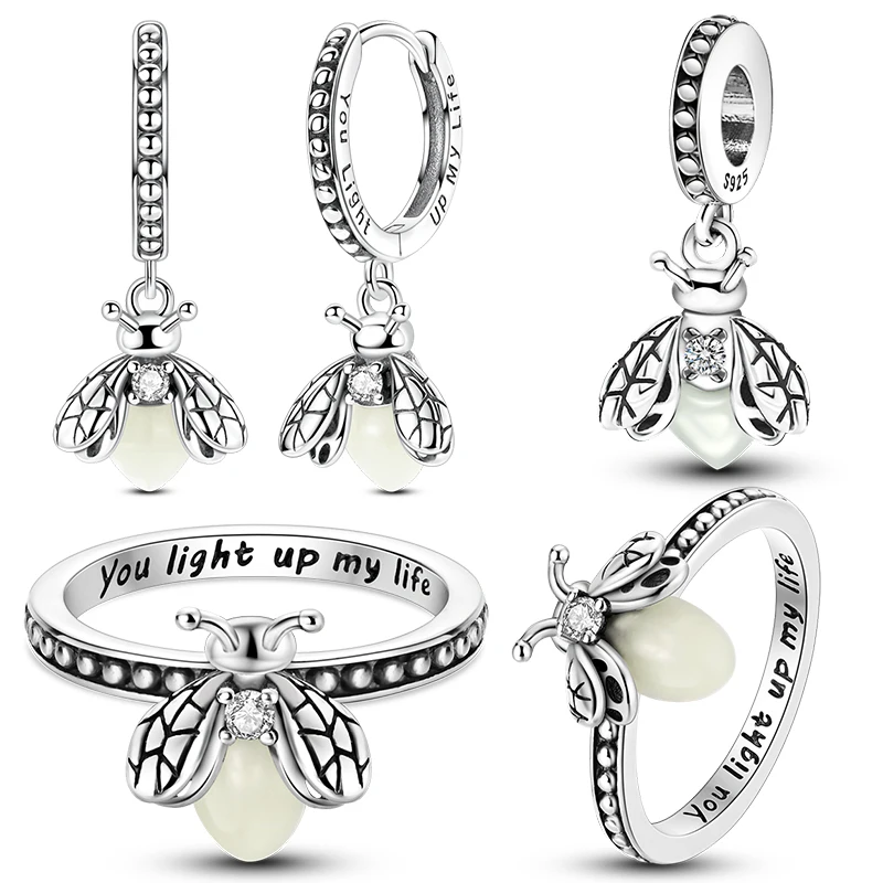 Schmucksets Original 925er Sterlingsilber Leuchtende Glühwürmchen Charms Perlen Ringe Ohrringe Sets Mode Geburtstag Schmuck Geschenk