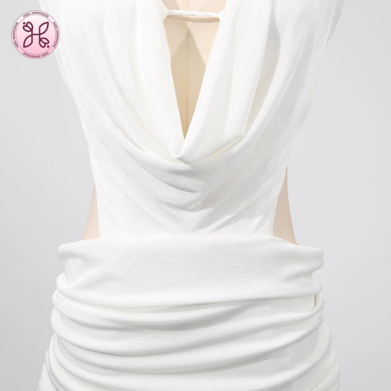 Solid Spliced Backless Bodycon Dresses for Women Halter Neck Sleeveless Patchwork Sheer Sexy Folds Evening Midi Dress Female