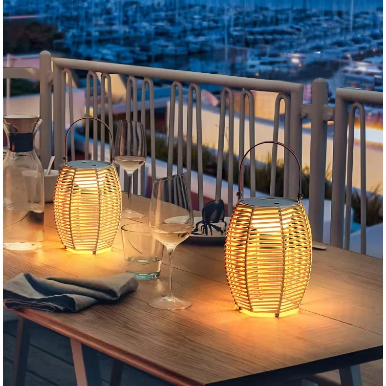 Outdoor Solar LED Lantern Rattan Table or Hanging Lamp with Handle for Patio Yard Garden or Tree Decoration IP65 Rated