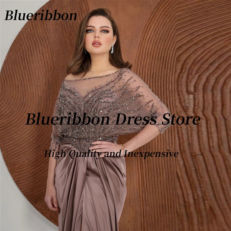 Blueribbon Evening Party Dress Women Elegant Luxury Beaded Mother of the Bride Weddings Ruched Front Slit Mermaid Prom Dresses