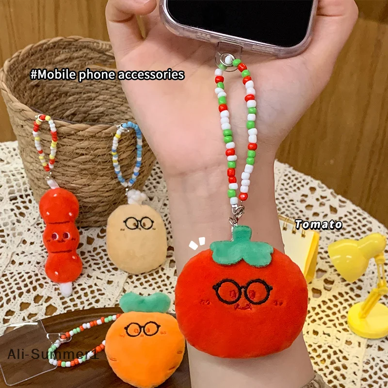 【E】Tomato Carota Peluche Catena per telefono con perline Verdure dei cartoni animati Portachiavi per bambola di pezza morbida Portachiavi per auto Zaino Borsa Decor Regalo per bambini