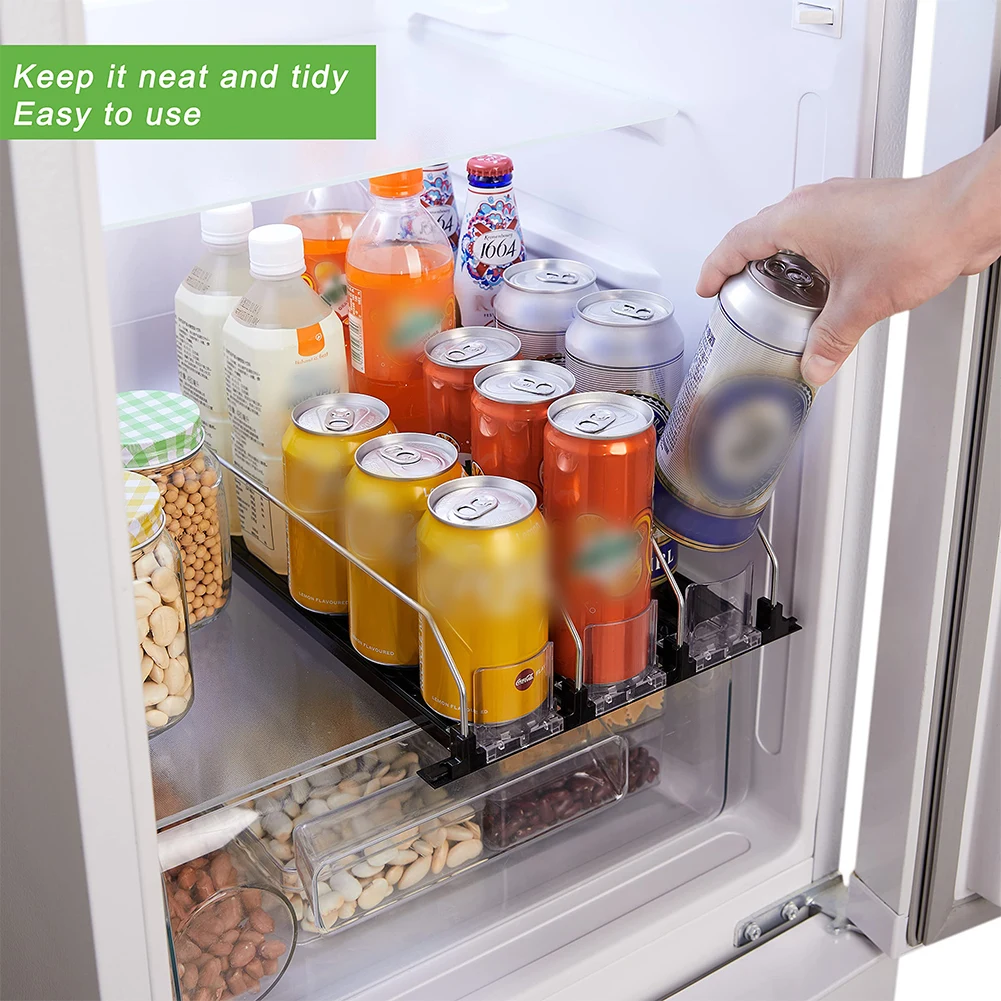 Canned Beverage Push Rack Drink Organizer Dispenser Spring Push Adjustable Width Storage Shelf E-shaped Glide for Kitchen Fridge