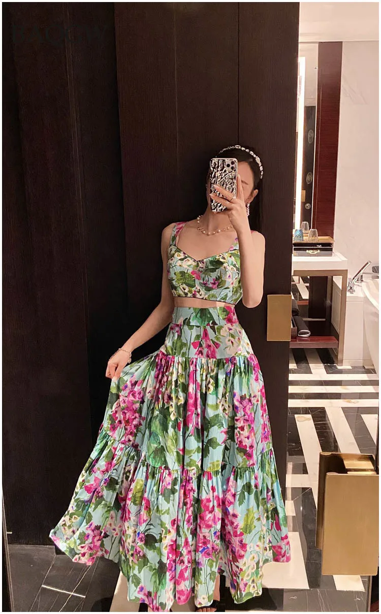 Summer Floral Print Cropped Tops and A Line Midi Skirt Dress Set Women Chic 2 Two Pieces Sets Luxury Party Beach Dress Outfits