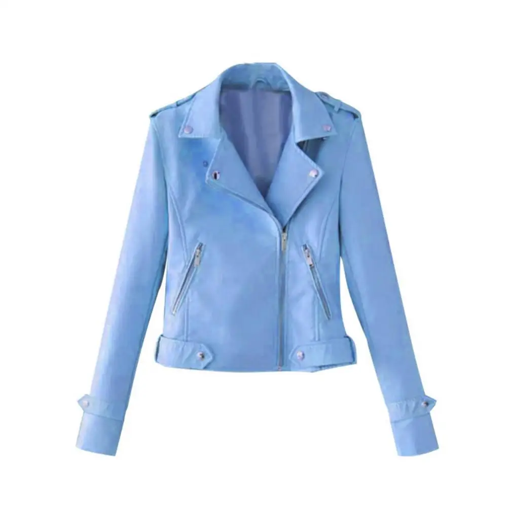 PU Washed Motorcycle Short Leather Jacket Solid Color Women Faux Leather Lapel Motorbike Jacket Long Sleeve Zip Up Short Jacket