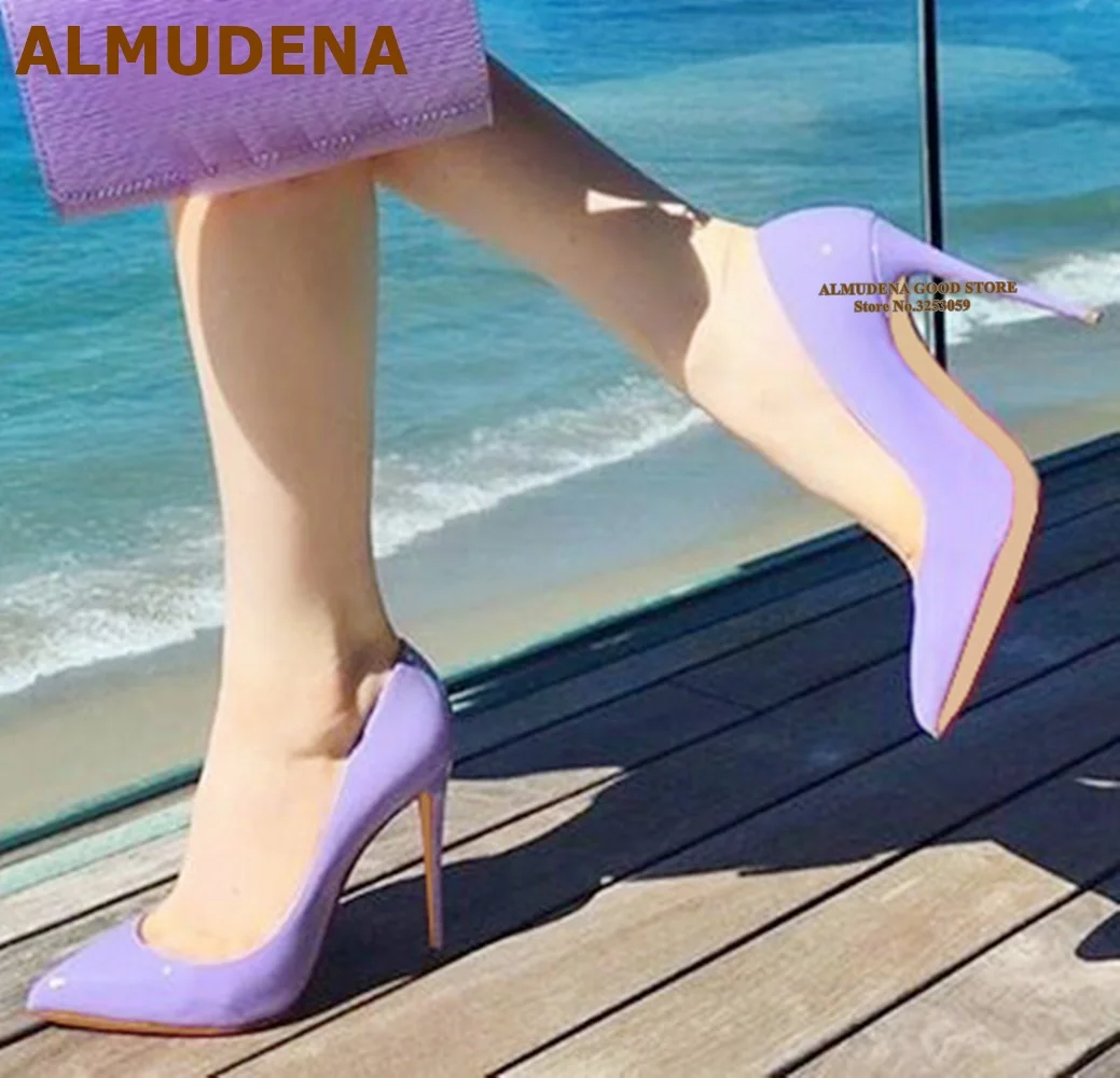 

ALMUDENA Purple Patent Leather Pointed Toe Pumps 12cm Shallow Slip-on Wedding Shoes High Heel 10cm 8cm Party Shoes Size45 Pumps