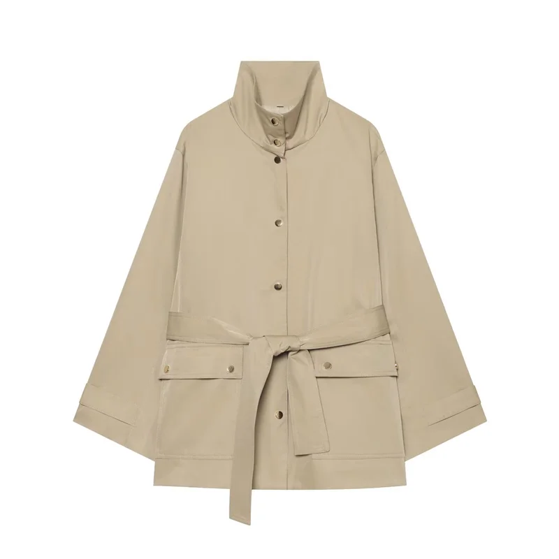 Guobioziy Women's Coat 2026 Spring and Autumn New Simple Versatile Long-Sleeve Stand Collar Solid Color Belted Trench Coat