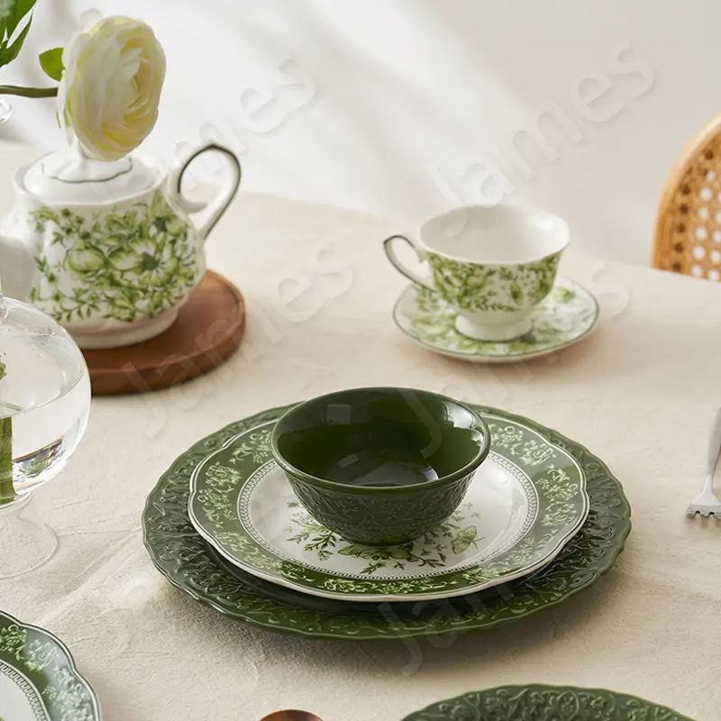 Retro Style Ceramic Plates Dinner Plate Creative Dishes Dark Green Relief Tableware Steak Dishes Nordic Style Household Use