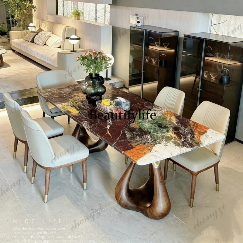 Solid wood marble luxury stone dining table restaurant set solid wood high sense