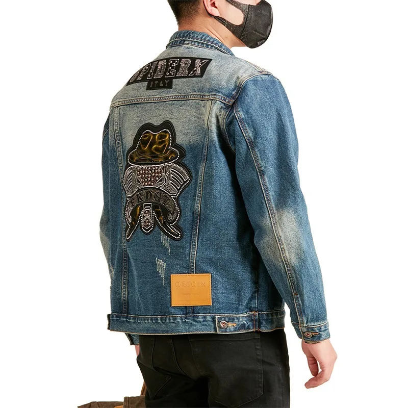 

Hat Leather Embroidery Denim Jacket Men Streetwear Fashion Loose Casual Handsome Vintage Denim Motorcycle Jacket Jeans Coat