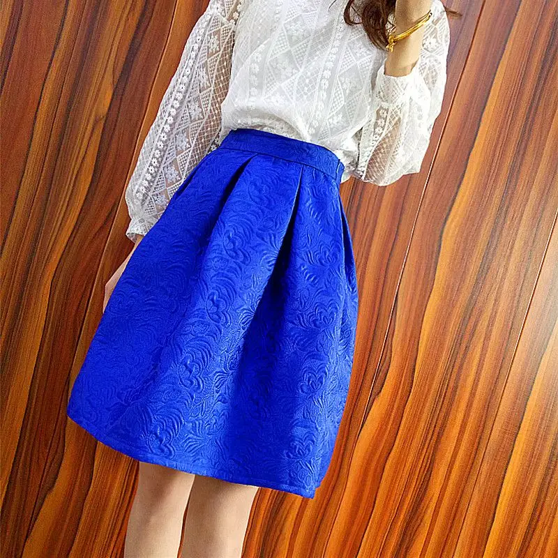 

2025 red and blue solid medium long spring and autumn Korean high waist puffy skirt A-shaped women's thin pleated skirt