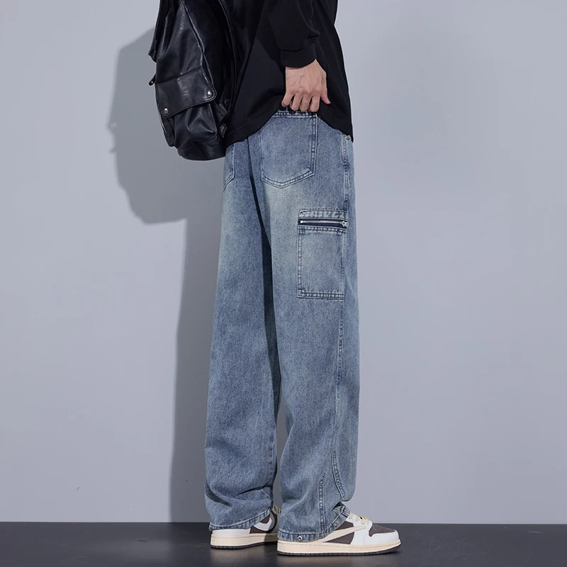 2024 New Korean Fashion Men's Baggy Jeans Classic All-match Solid Color Straight-leg Denim Wide-leg Pants Male Blue