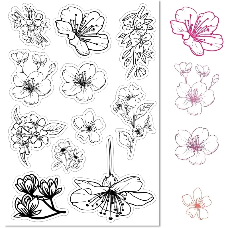 1pc Flowers Cherry Blossom Clear Rubber Stamp Retro Plants Sakura Transparent Silicone Seals Stamp for Journaling Card Making