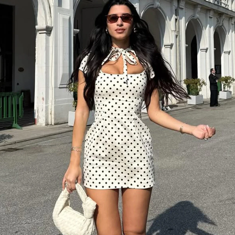 

Ticketsx Polka Dot Lace Up Dress Fashion Summer Hollow Out Contrast Slim Mini Dress Elegant New Party Vacation Women's Dresses
