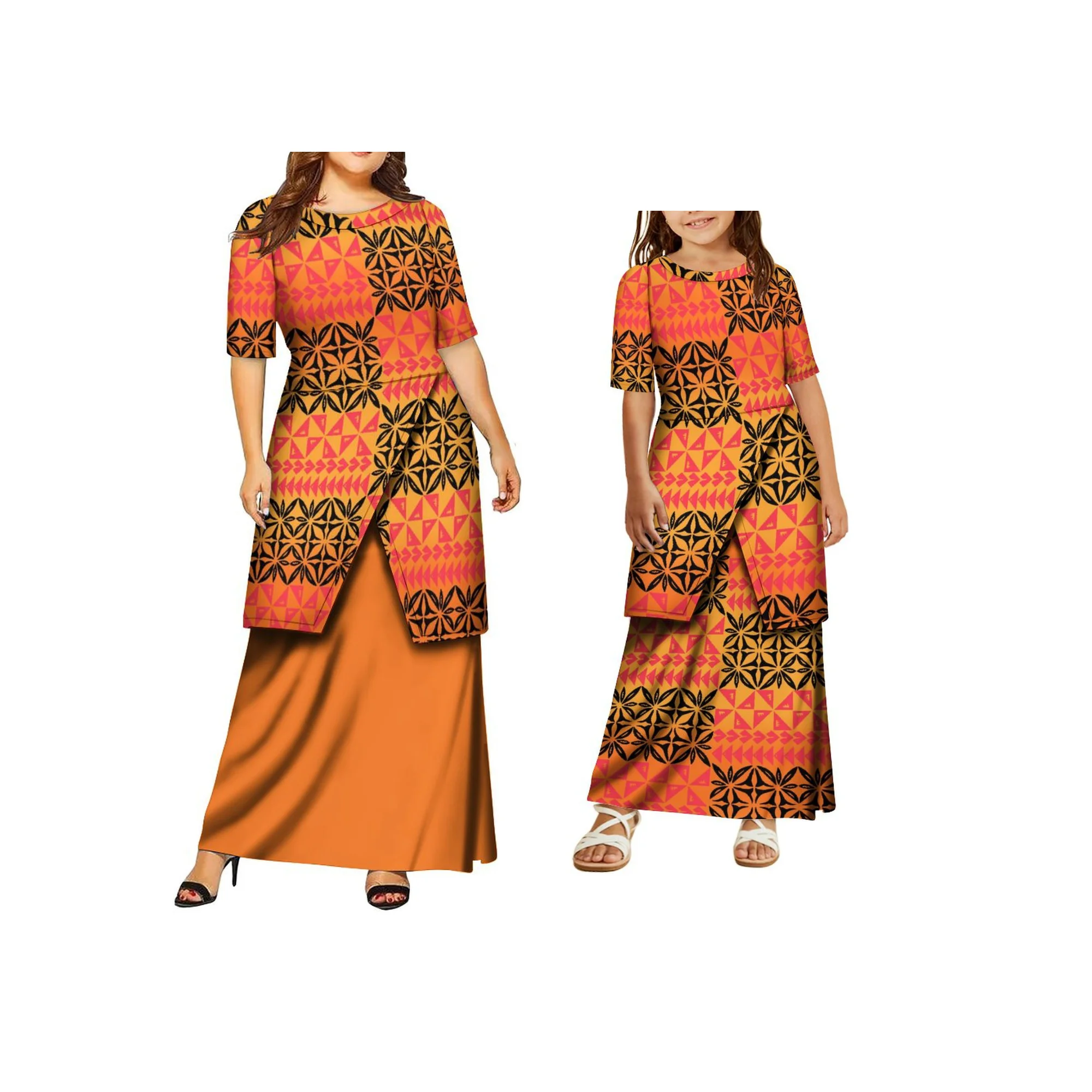 맞춤 폴리네시아 섬 디자인 엄마와 딸 O넥 사모아 풀레타시 세트 여성용 투피스 의상 세트 드레스