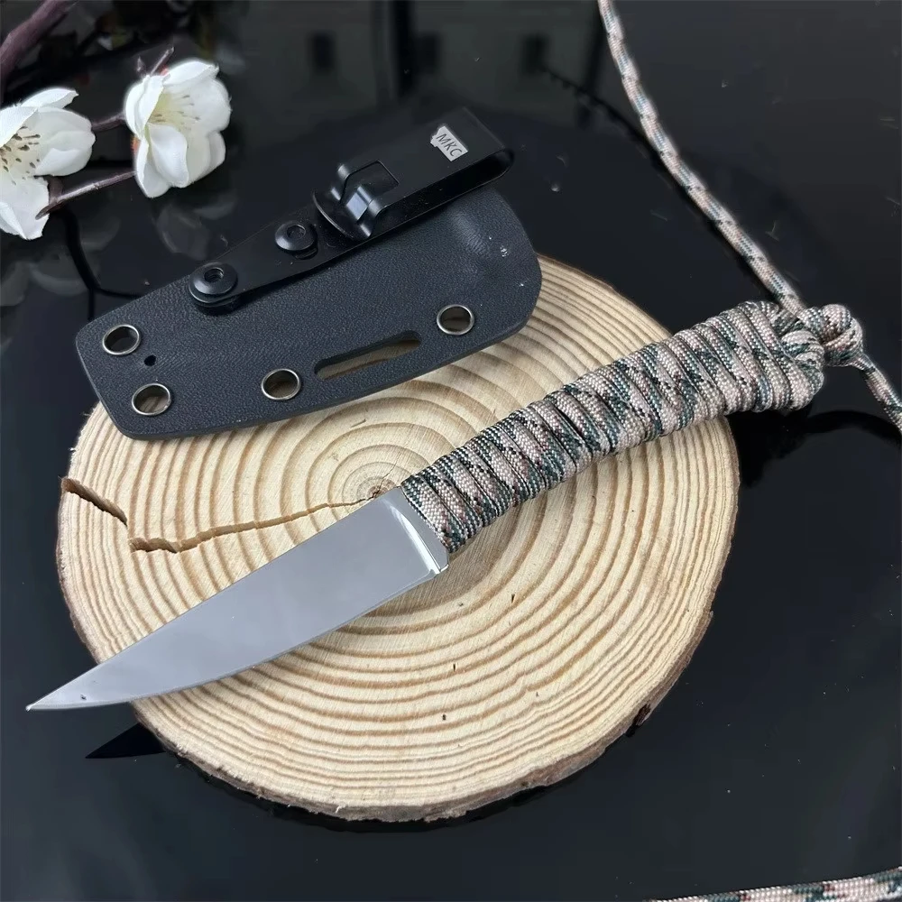 Cuchillo recto con hoja 440c, mango de cuerda de nailon, corte afilado, delgado, para acampar al aire libre, práctico, cuchillo duradero de alta calidad