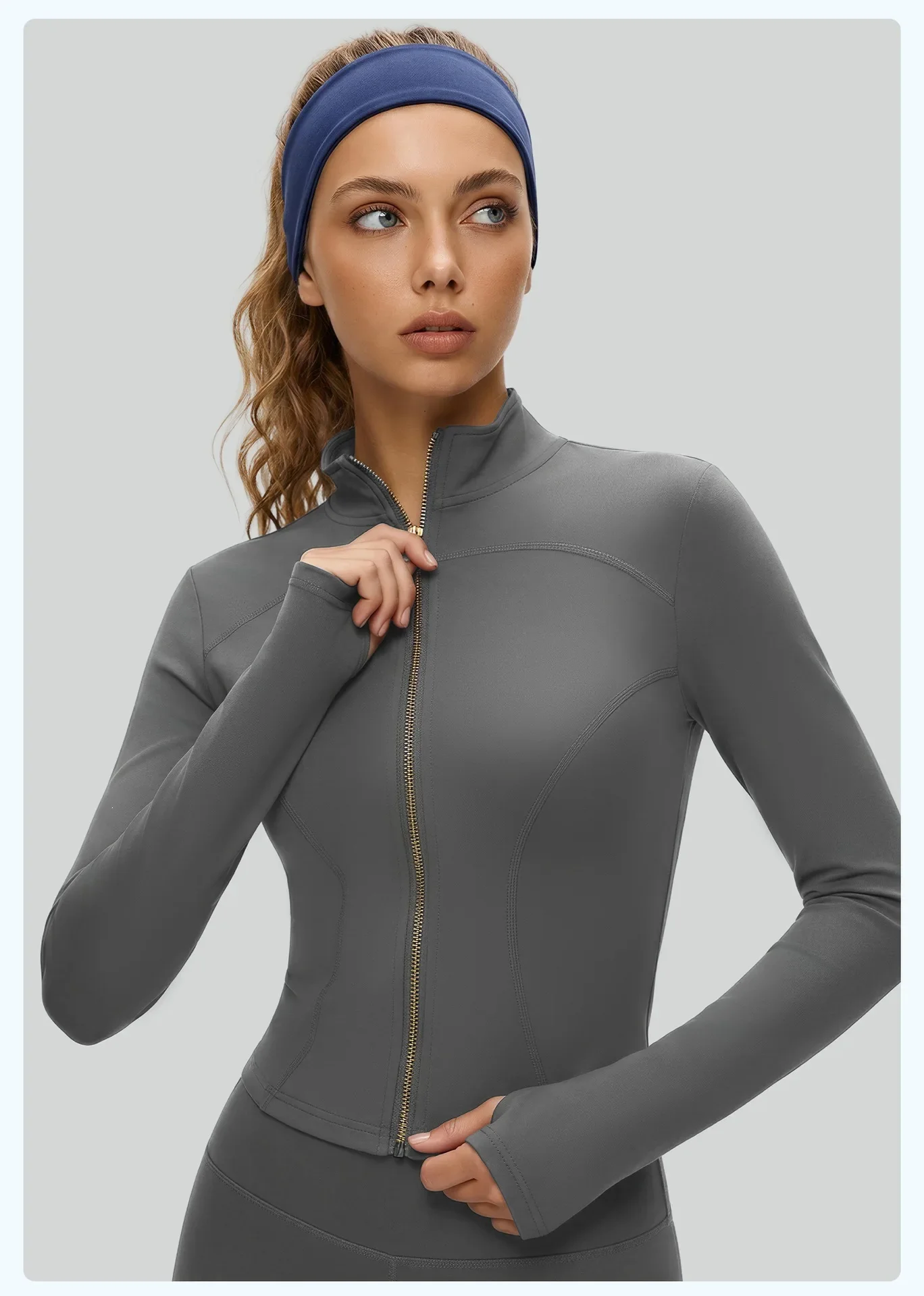 Damen Herbst-Sportjacke mit Stehkragen, Goldreißverschluss, Yoga-Oberteil, Figurbetont, Schlanke Passform, Damenjacke für Radfahren – Detail 14