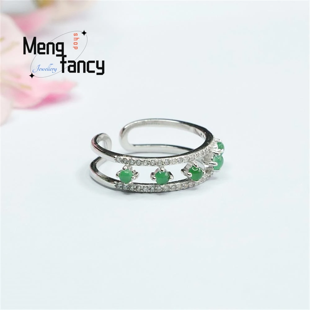 S925 Silver Inlaid Natural Jadeite Exquisite Elegant Simple High-grade Ice Type Imperial Green Open Ring Couple Fashion Jewelry