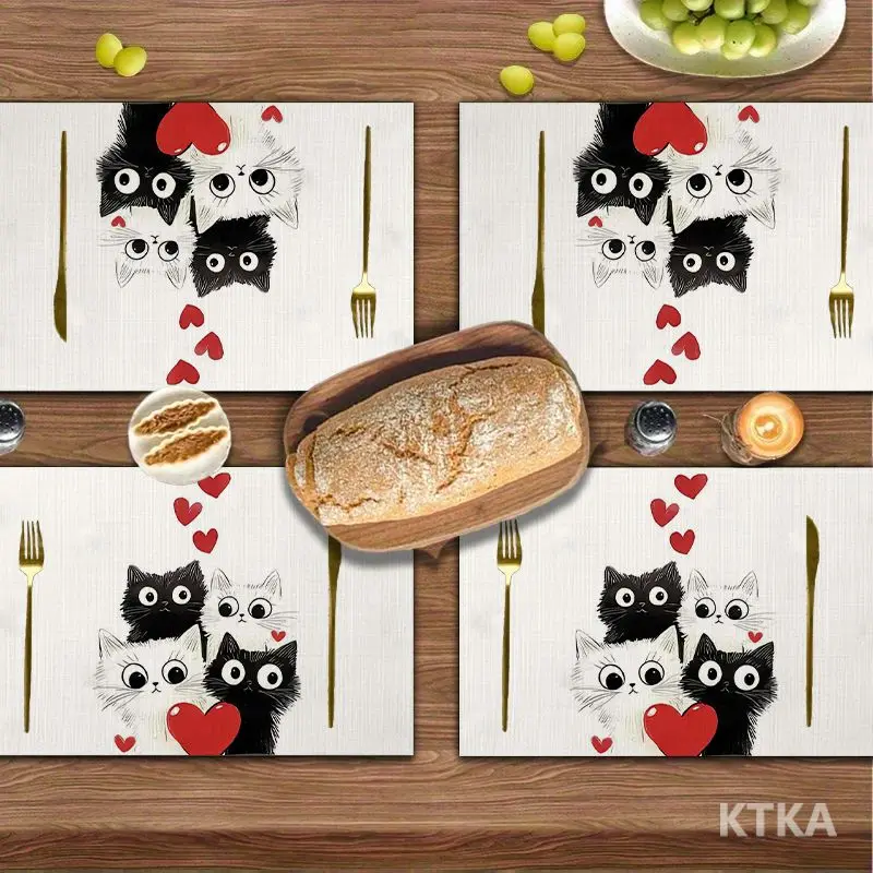 4Pcs, Heart-Shaped Cat Placemats, Washable, Suitable for Holiday Parties, Home Decor, Kitchen Countertops, Rectangular Dining Tables, Making Your Dining Room and Kitchen More Beautiful, Birthday Gifts for Family and Friends, and Housewarming Party Gifts