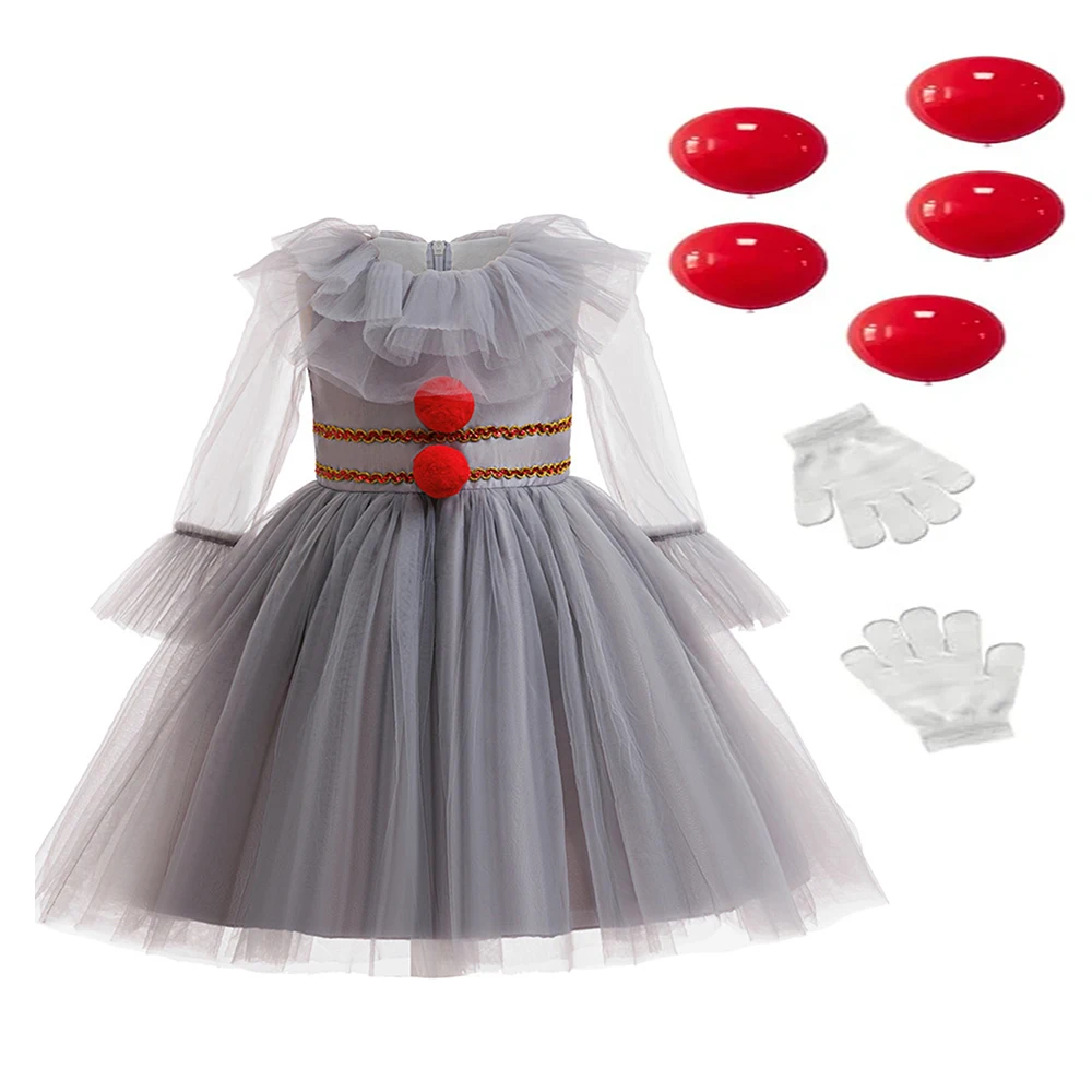Girls Halloween Horror Clowns Girls Cosplay Costume Dress Balloon gloves Set for Girls Carnival Party Party Kids Dress Up