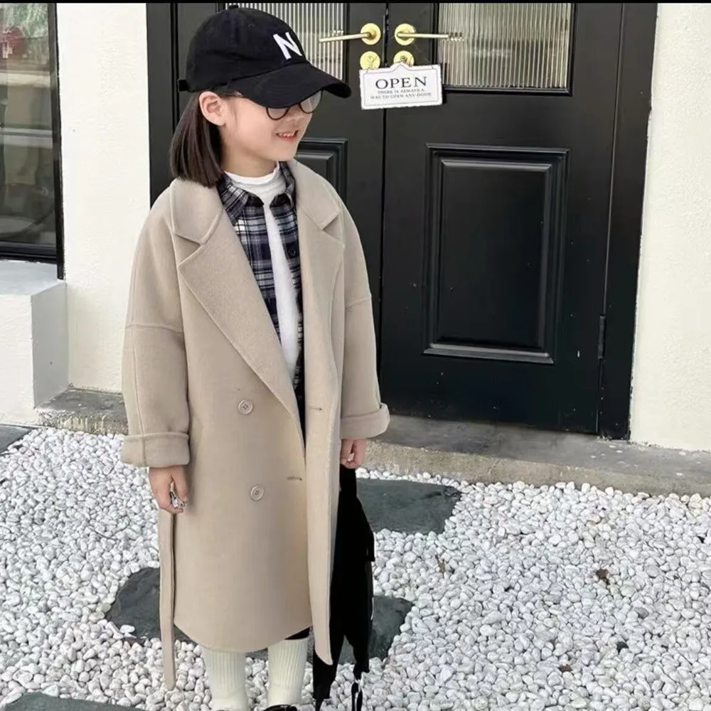 2-9 Year New Children's Double Sided Cashmere Coat Autumn/Winter Girls' Woolen Medium To Long Jacket 90-150cm