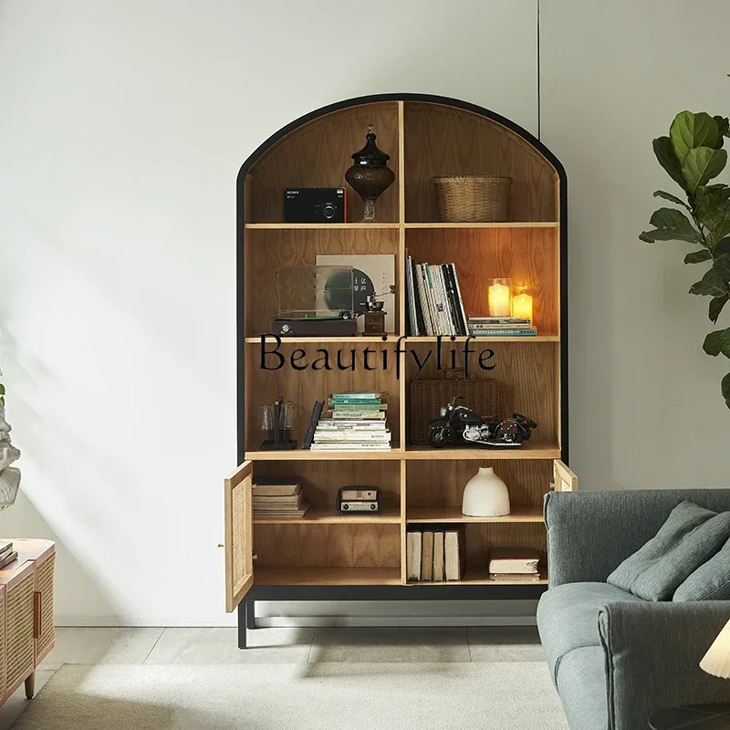 S Nordic Bookshelf Vintage Rattan Storage Rack Living Room Floor Solid Wood Display Cabinet Wall Locker
