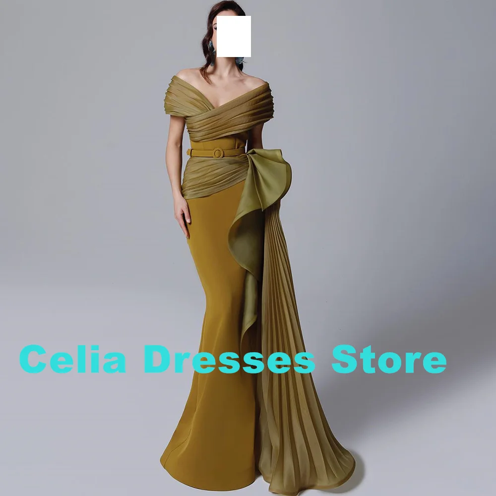 Saudi Arabia Evening Gowns Floor Length Pleats Off the Shoulder Straight Jersey Short Sleeves Pleats Panel Train Sahes Classic