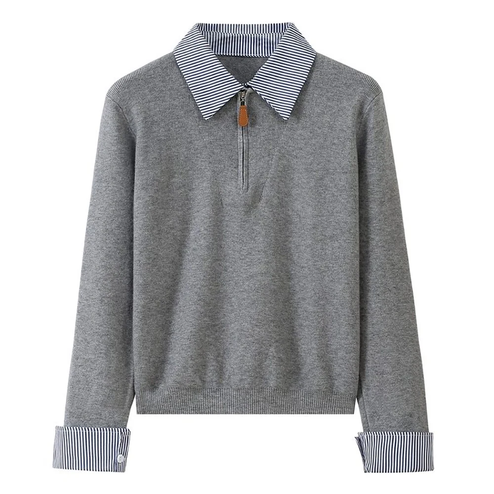 

Корейский стиль, искусственные двухсекционные трикотажные рубашки для женщин, лоскутный воротник, пуловер с половиной молнии, топы, однотонные модные свитера