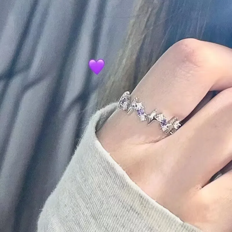 Y2K Purple Star Heart Ring Set Adjustable Silver Cz Ring Sparkling Starry Love Band for Women Girls Trendy K-Pop Jewelry Gift
