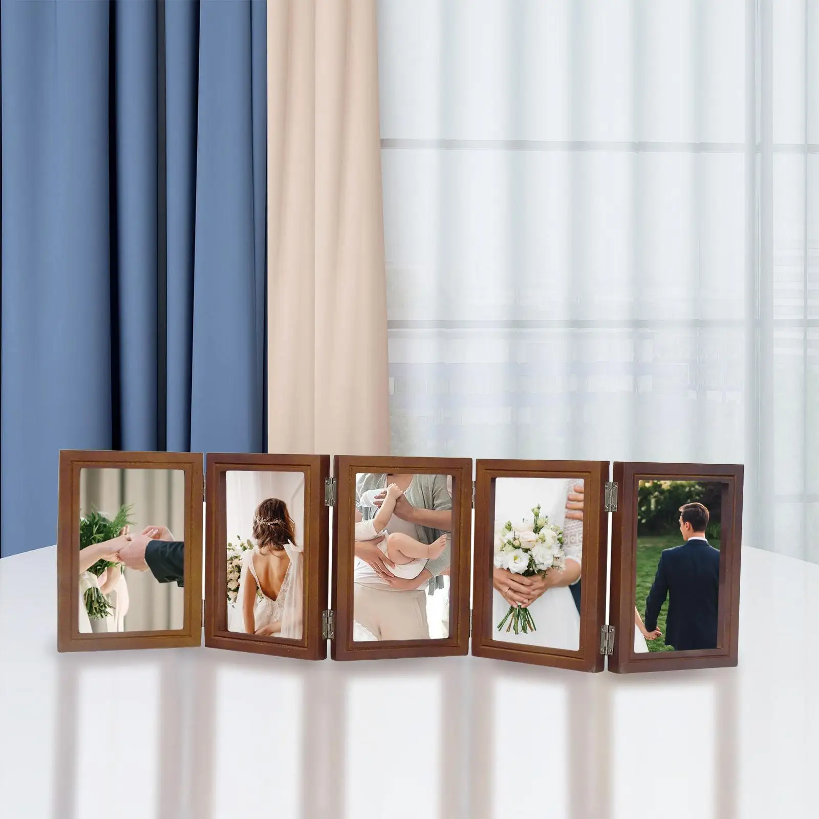 Wood Foldable Picture Frame 5 Opening Hinge Collage Stand Rustic Desktop Display for Living Room Gift