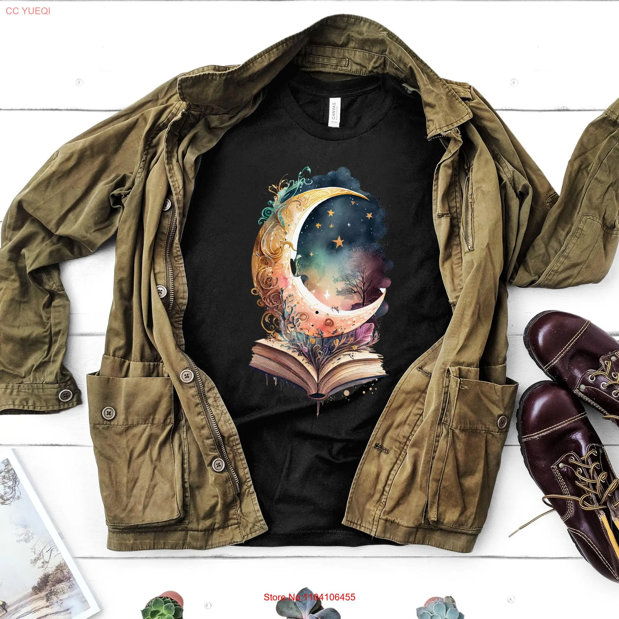 Celestial T Shirt Moon Book Crescent Boho Design Lover long or short sleeves