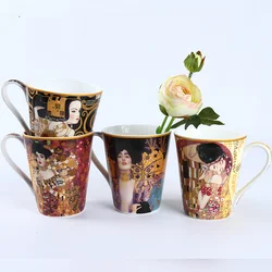 アバロンボーンチャイナマグgustav klimt famouspaint油絵アートカップコーヒーティーカップセラミックミルク、カフェマグ410ml、ハンドグリップキス