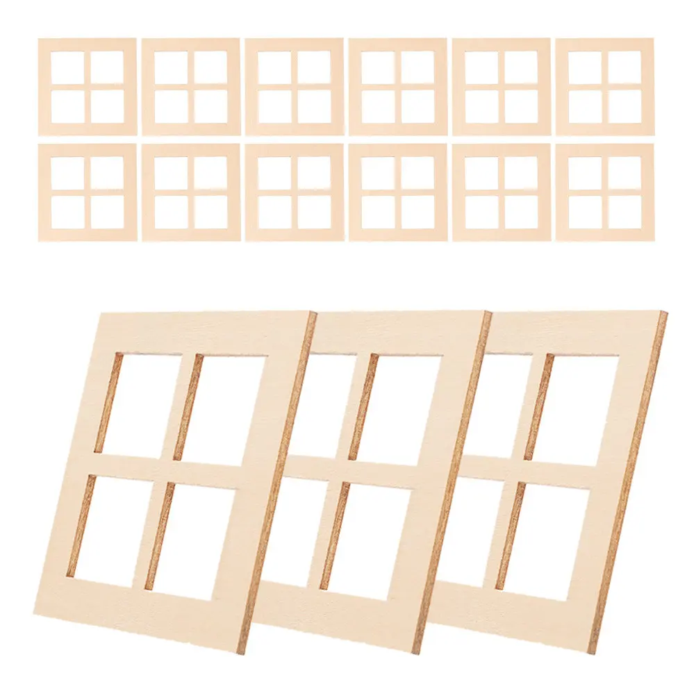 15Pcs Miniature Wooden Dollhouse Windows Four Pane Window Frames DIY Crafting Mini Furniture Ornaments Mini House Accessories