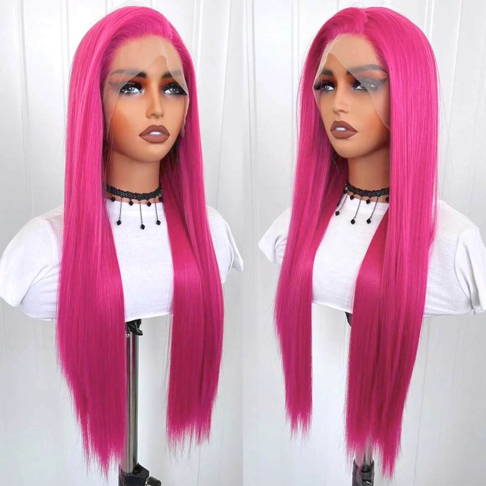 Pink Wig Straight Synthetic Lace Front Wig Glueless Wigs for Women Rose Red Hot Pink Long Hair Lace Frontal Wig Ready to Wear