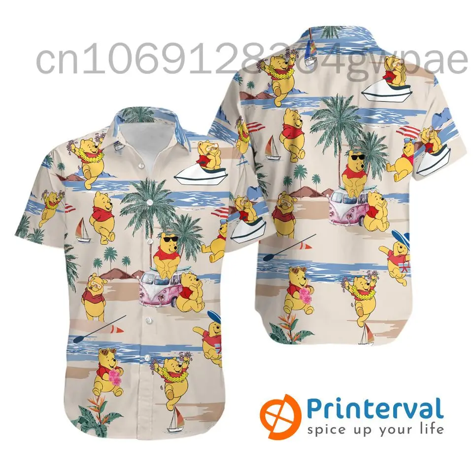 Winnie the Pooh Hawaiian Shirt Men's Casual Short Sleeve Party Shirt Disney Tropical Forest Hawaiian Aloha Beach Shirt