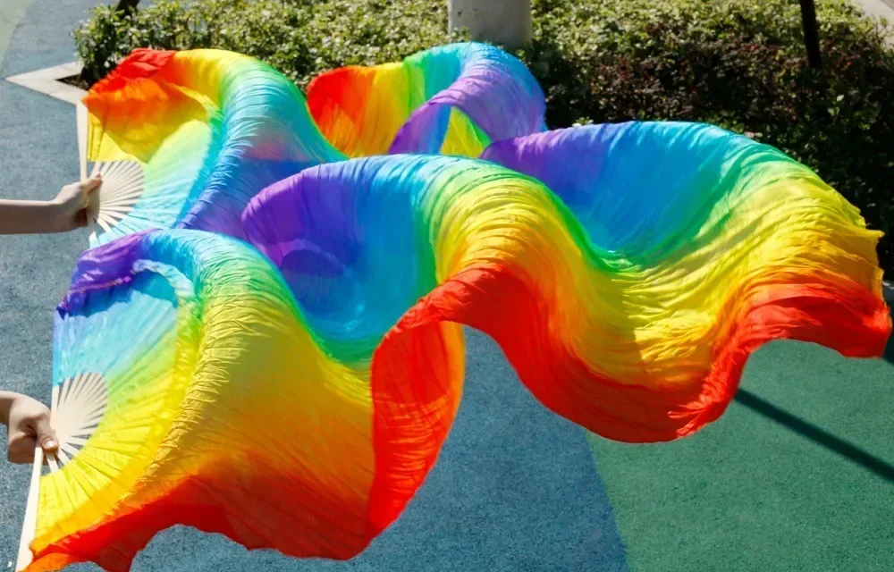 高販売手作り女性品質シルクベリーダンスファンダンス 100% 本物のシルクベール 1 ペア虹色 (2 個)