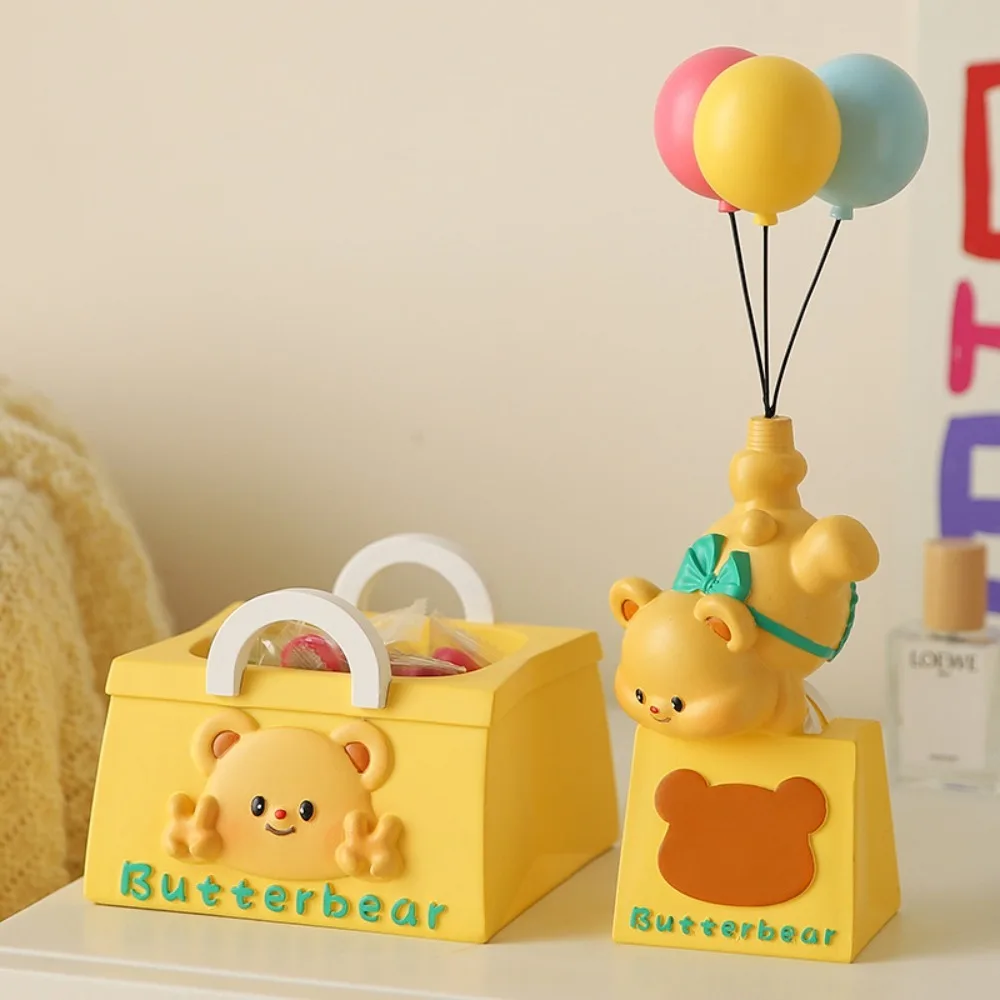 Resin Butter Bear Statue with Tray Tissue Box Cute Figurine Key Storage Ornaments Desk Decor Cartoon Butter Bear Pen Holder