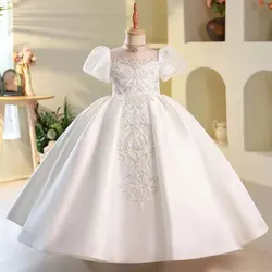 Jill desejo elegante branco flor menina vestido contas cetim árabe princesa crianças aniversário casamento convidado festa vestido comunhão 2025 j251