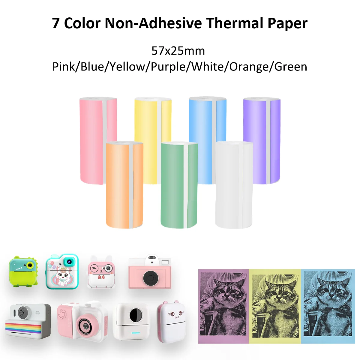 

Kids Camera 7-Color Thermal Paper 57x25mm - Non-Stick BPA-Free for Instant Camera/Printers, Travel Diaries/Event Keepsakes