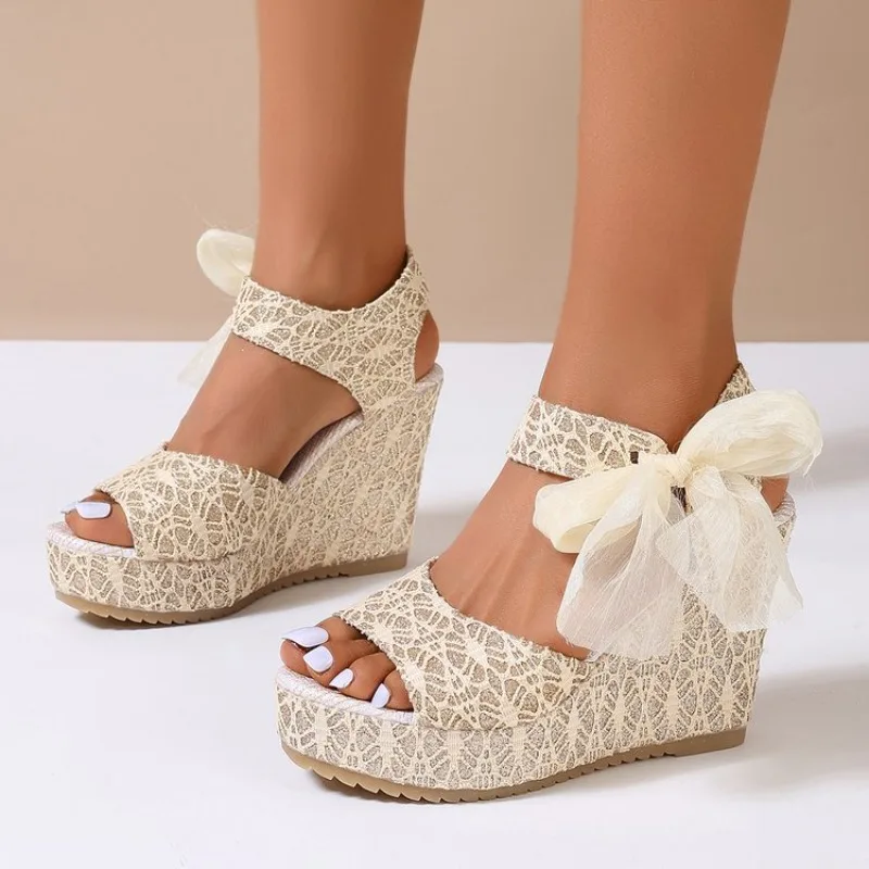 Women's Fish Mouth Sandals High Heels Summer New Fashion Korean Style Large Size Ribbon Ladies Slippers Rubber Sole Shoes