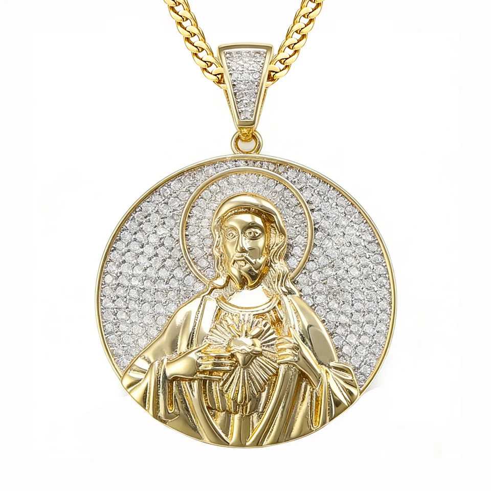 

VANAXIN Hip Hop Men's Round Jesus Necklace Pendant 14k Gold Plated Cubic Zirconia Religious Christian Jewelry