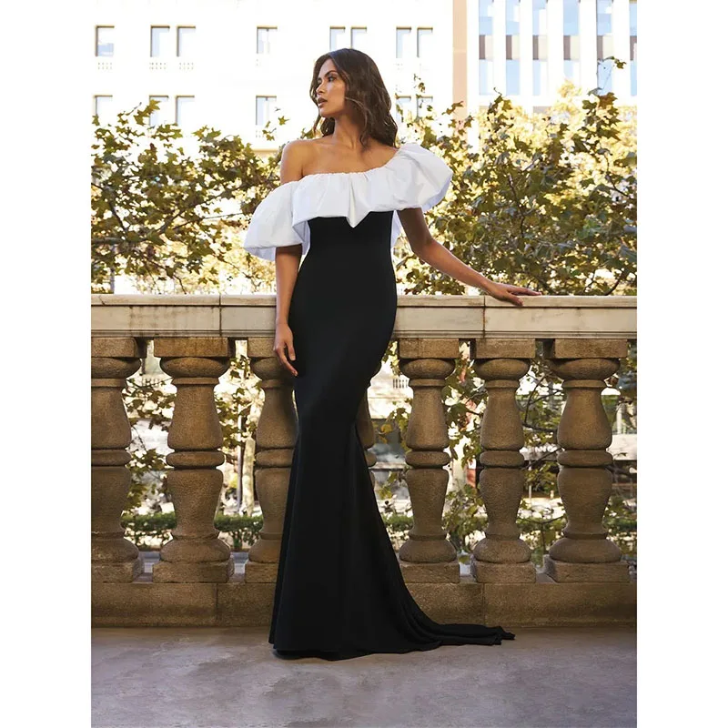 

2024 Classy Black/White Contrast Evening Dresses Fashion One Shoulder Mermaid Prom Dress Custom Made Sweep Train Party Gowns