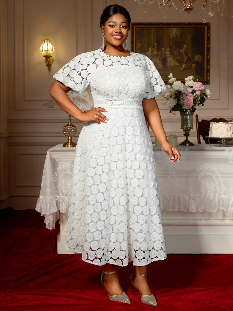 White Lace Long Women Dresses for Wedding Floral A Line Mid Calf Half Puff Sleeves O Neck High Waist Dress view 3