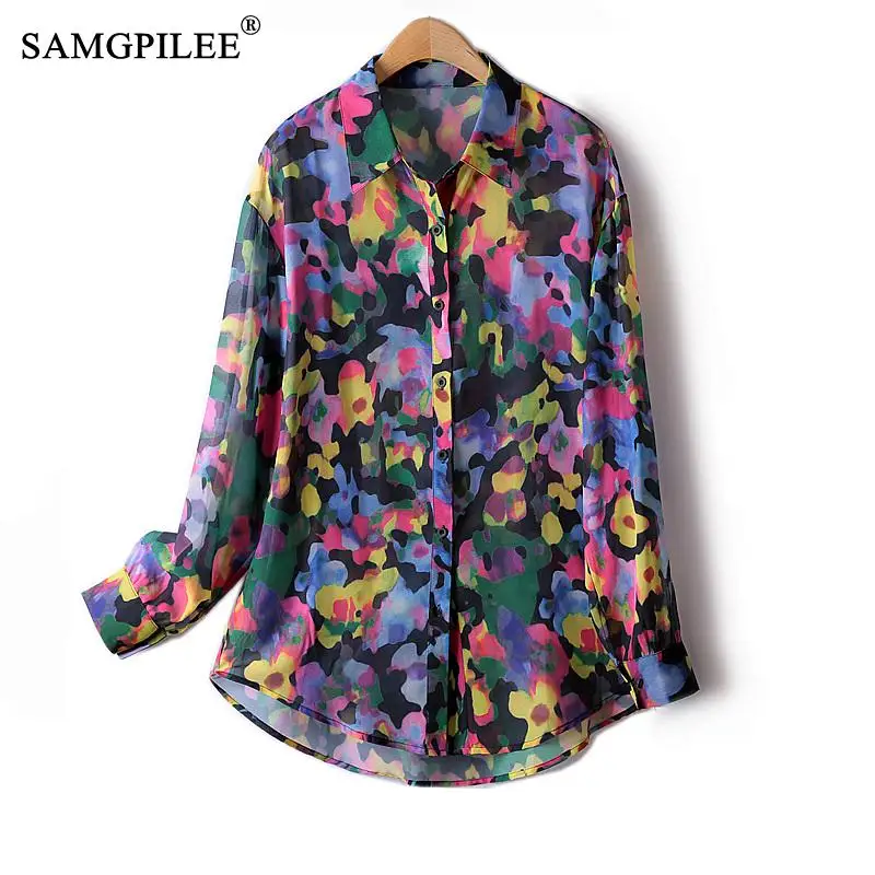 

Colorful Shirts And Blouses Women 2023 Summer New Long Sleeve Thin Fashion Single Breasted Mid Length Loose Chiffon Tops Woman