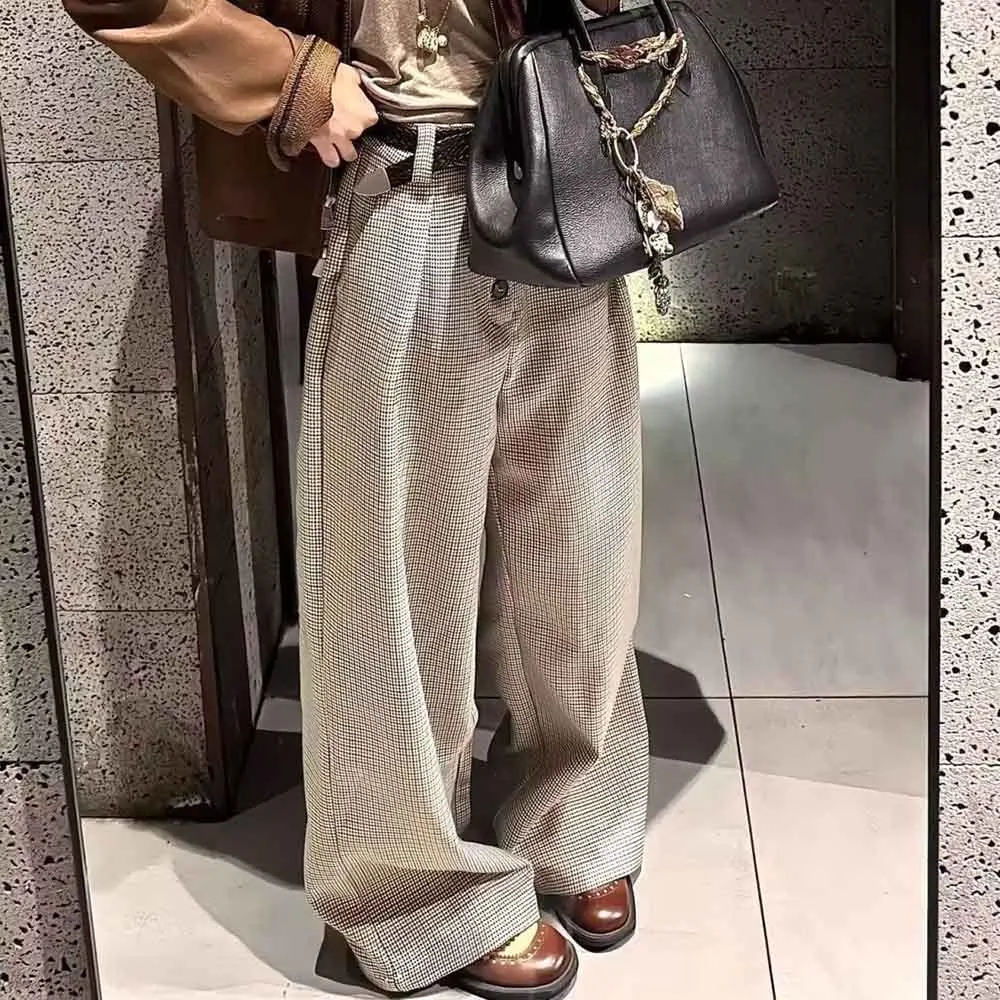 冬の新作メンズ千鳥格子ストレートスーツパンツアメリカンレトロファッショントレンドハイストリートカジュアルルーズニッチメンズボトムス