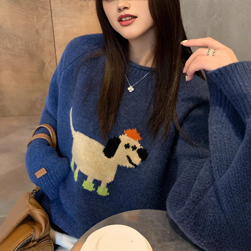 2025 nuevo suéter de mezcla Jacquard bordado de cachorro para mujer otoño lindo Casual prendas de punto de cuello redondo
