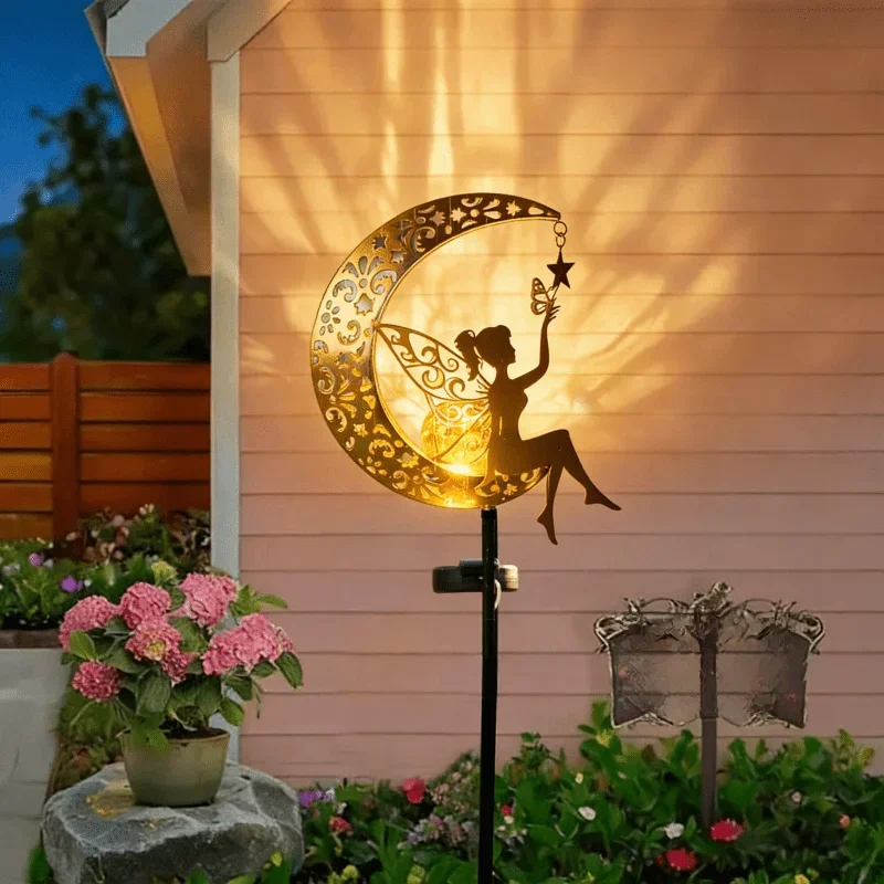 Solar Fairy Moon Garden Stake Light Metal Fairy Statue Waterproof Outdoor Yard Decor for Lawn Path Patio Backyard Halloween Gift