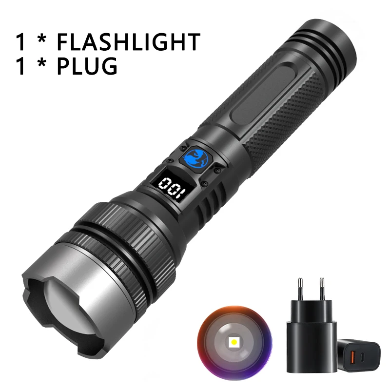 900000 LM Leistungsstarke LED-Taschenlampe, Zoom-Taschenlampe mit Digitalanzeige, tragbare wiederaufladbare Typ-C-Taschenlampen für Camping, Wandern