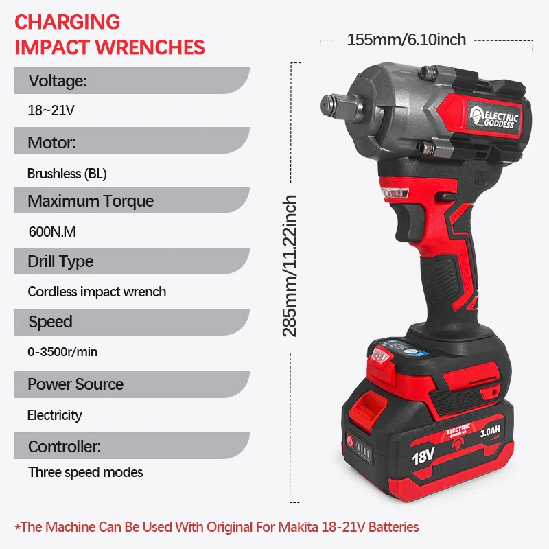 Electric Goddess 600N.M Torque Brushless Electric Impact Wrench 1/2 inch Lithium-Ion Battery Power Tools For Makita 18V Battery