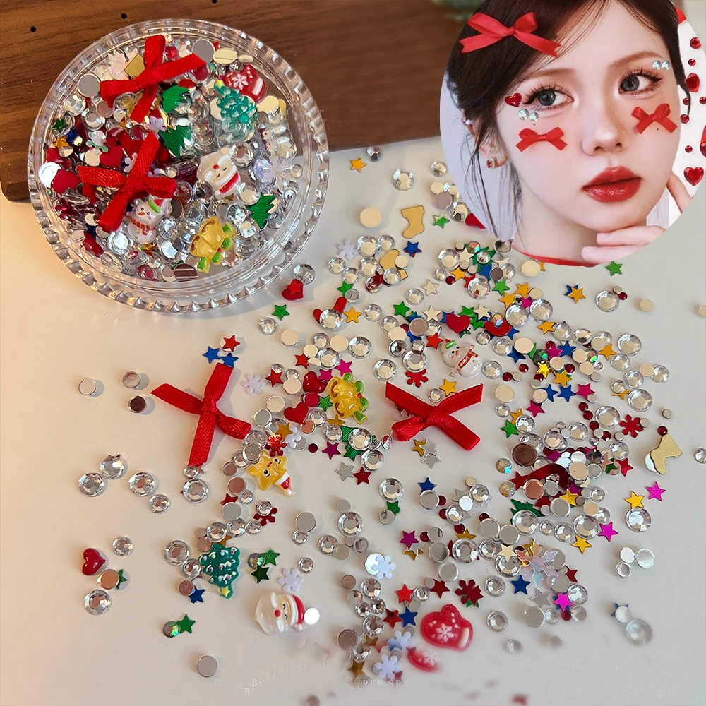 

1Box Christmas Eye Makeup Rhinestones Bow Nail Charms 3D Red Love Snowflake Star Sequins Face Glitter Jewelry for Stage Decorati